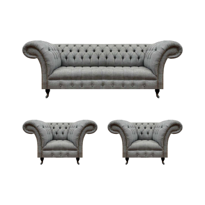 Wohnzimmer Set 3tlg Chesterfield Sofas Grau Textil Polstermöbel 2x Sessel