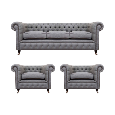 Grau Chesterfield Luxus Möbel Wohnzimmer Set 3tlg Sofas Textil Sessel