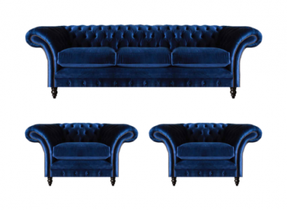 Blau Luxus Sofagarnitur Komplett 3tlg Einrichtung Textil Stoff Chesterfield