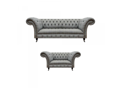 Chesterfield Grau Komplett Wohnzimmer Dreisitzer Sofa Luxus Sessel Neu