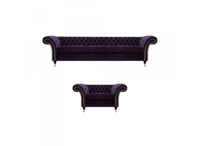 Komplett Set 2tlg Dreisitzer Sofa Chesterfield Lila Sessel Wohnzimmer Neu