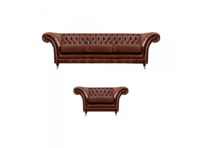 Braun Garnitur 2tlg Dreisitzer Sofa Leder Sessel Chesterfield Wohnzimmer
