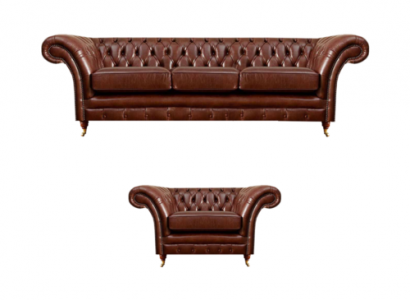 Braun Garnitur 2tlg Dreisitzer Sofa Leder Sessel Chesterfield Wohnzimmer