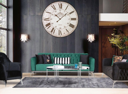 Modernes Wohnzimmer Set 2 weiche Chesterfield Sofas + moderner schwarzer Sessel