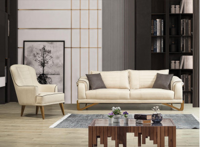 Sofagarnitur Set Beige mit Holzgestell 3+1 Sitzer Couchen Garnituren Möbel