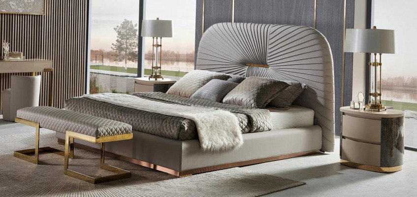 Designer Bett Schlafzimmer Betten Textil Hotel Luxus Polster Sitz Stoff Italien