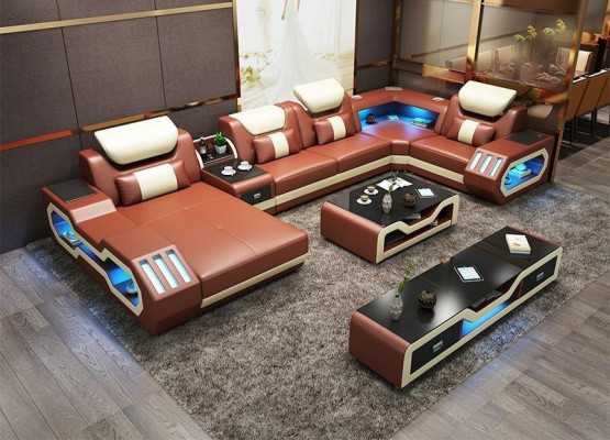 Mega große Wohnlandschaft - Beleuchtungs System Sofa Polster Neu Couch