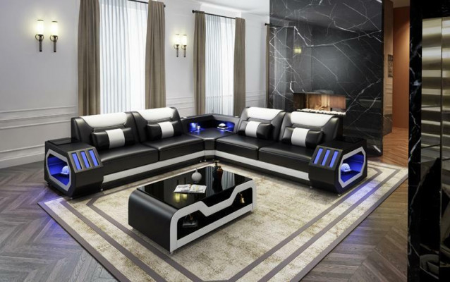 LED Beleuchtete Ecksofa Wohnzimmer Leder Couch Sitz Polster Wohnlandschaft Sofa