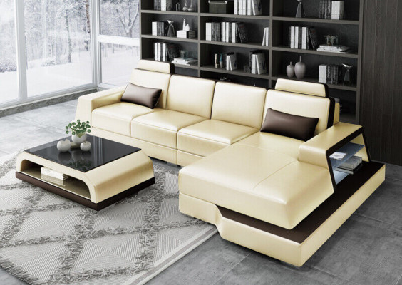 Ecksofa Sofa Wohnlandschaft L Form Polster Couch Ledersofa Beige Sofas