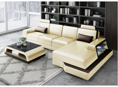 Ecksofa Sofa Wohnlandschaft L Form Polster Couch Ledersofa Beige Sofas