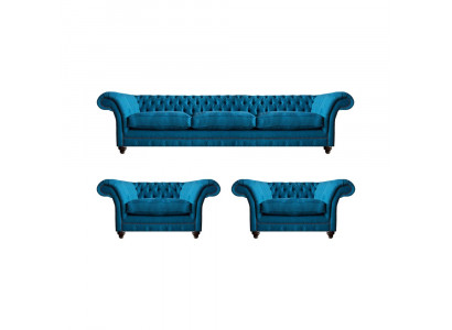Polstermöbel Blau Sofagarnitur Textil Sitz Möbel Chesterfield Set Einrichtung