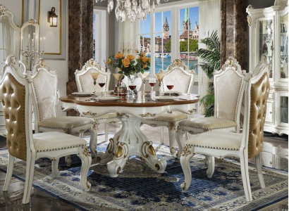 Klassische Weiß-Braune Esszimmer Garnitur Runder Holz Esstisch mit Chesterfield Stühlen 5tlg. Set