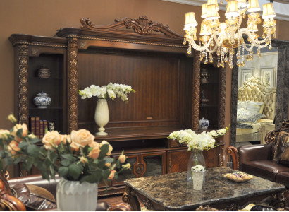 Fernseh Wand Klassisch Wohnwand Echt Handarbeit Holz Vitrine Regal