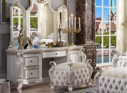Geschnitzte Barock Möbel Schminktisch Hocker Deko Spiegel Schlafzimmer