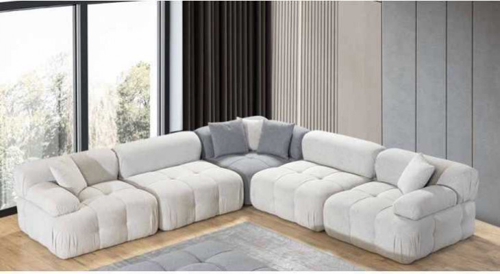 Wohnzimmer L-Form Weißes Sofa Ecksofa Moderne Couch+Hocker Luxus Möbel