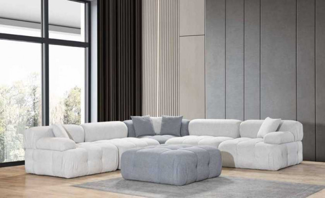 Wohnzimmer L-Form Weißes Sofa Ecksofa Moderne Couch+Hocker Luxus Möbel