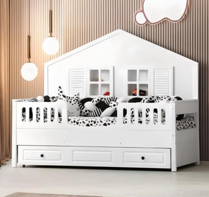 Kinderbett Holzbett Funktionsbett Ausziehbares Weiß Holz Bett 90 x 200