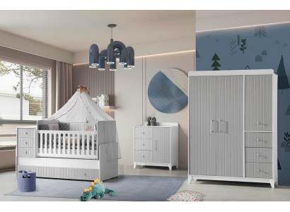 Komplett-Set für Kinderzimmer: Kommode, Kleiderschrank, Kinderbett Grau Farbe