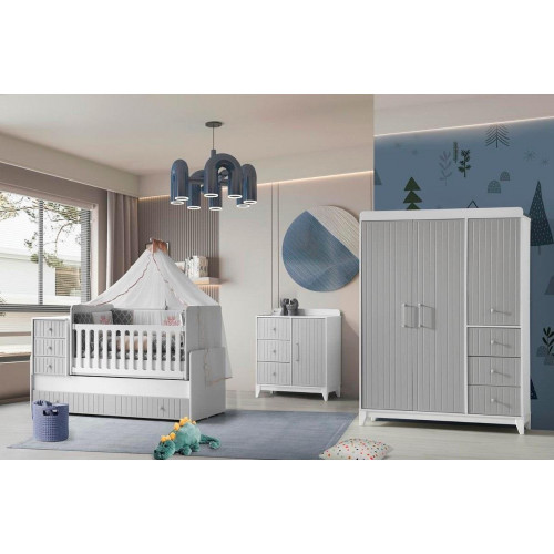 Komplett-Set für Kinderzimmer: Kommode, Kleiderschrank, Kinderbett Grau Farbe