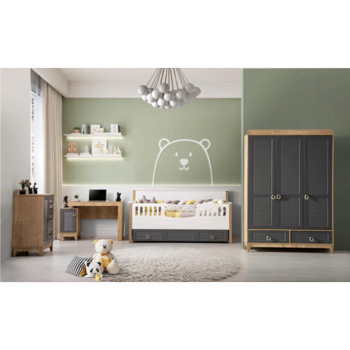 Luxuriös Kindermöbel Garnitur Kinderzimmer Kinderbett Grau Holz Set 4tlg