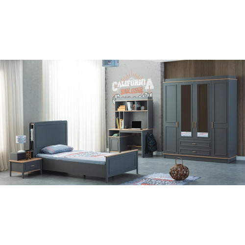 Garnitur Kinderzimmer Bett Kinderbett Kindermöbel Grau Holz Set 4tlg