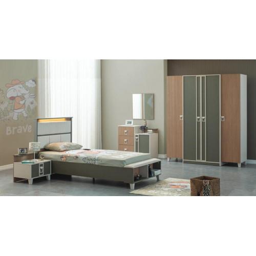 Moderne Komplette Kindermöbel Kinderbett Grau Holz Set 5tlg Nachttisch