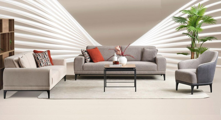 Garnitur Dreisitzer Zweisitzer Sessel Sofa Stoff Grau Stoffsofa Set 3+2+1