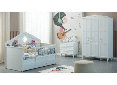Kinderbettchen Garnitur Kinderlaufstall Bettchen Weiß Holz Set 3tlg