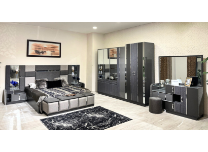 Luxus Grau Komplettes Schlafzimmer Doppelbett 2x Nachttische Kleiderschrank