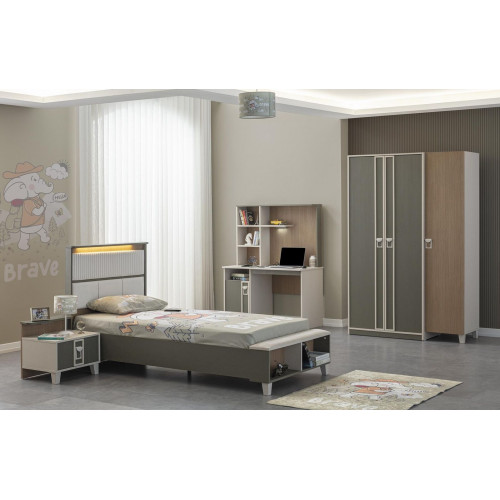 Garnitur Kinderzimmer Bett Kinderbett Kindermöbel Grau Holz Set 4tlg
