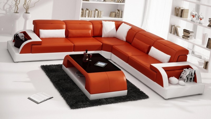 Leder Modern Couch Wohnlandschaft Ledersofa Sofagarnitur Sofa L-Form Couchtisch