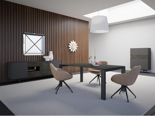 Designer Ess Zimmer Esstisch Set Stühle Metall Textill Essgruppe Schrank
