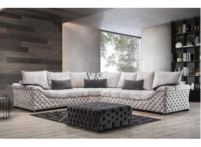 Ecksofa Beige Design Couch Holz mit Textil Wohnzimmer L Form Sofas Neu