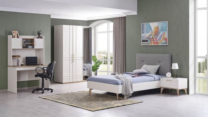 Kinderbett Bett 100 cm Jugendbett Holz Grau Kinderzimmer Stoff Modern