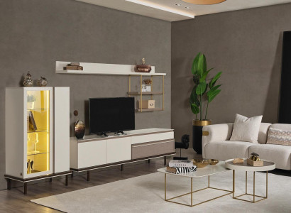 Weißes Wohnzimmer Set Designer TV-Ständer Luxus LED Vitrine Holz Regal