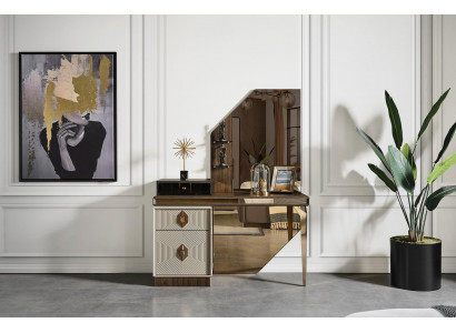 Weiß-Brauner Schminktisch Designer Spiegel Schlafzimmer Möbel 2tlg Set