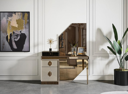 Weiß-Brauner Schminktisch Designer Spiegel Schlafzimmer Möbel 2tlg Set