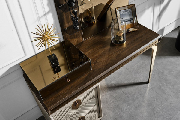 Weiß-Brauner Schminktisch Designer Spiegel Schlafzimmer Möbel 2tlg Set