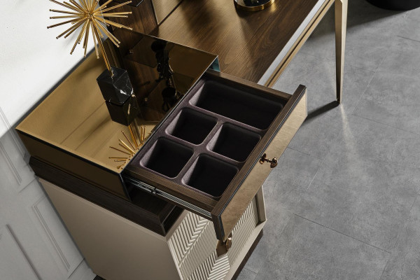 Weiß-Brauner Schminktisch Designer Spiegel Schlafzimmer Möbel 2tlg Set