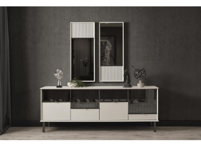 Modernes Set Designer Weißes Sideboard 2x Spiegel 4-türig 2tlg Luxus Set