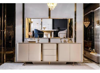 Wohnzimmer Anrichte Spiegel Material Holz mit Metall Stil Modern Beige