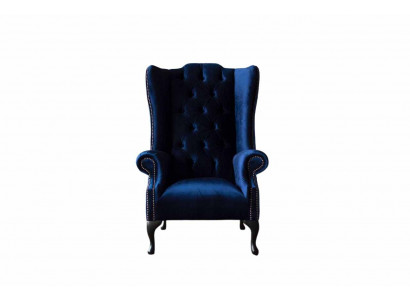 Ohrensessel Chesterfield Sofa Couch Polster 1 Sitzer Sessel Textil Blau