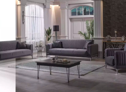Moderne Graue Couchgarnitur 3+3+1 Sitzer Samt Sessel Wohnzimmer Möbel