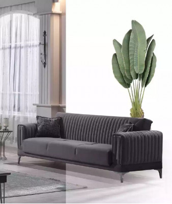 Grauer Dreisitzer Wohnzimmer Couchen 3-Sitzer Samtsofas Luxus Holz Möbel Sofa