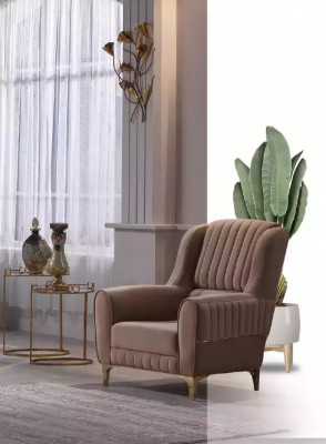 Brauner Textil Sessel Luxus Wohnzimmer Einsitzer Holzgestell Modern 