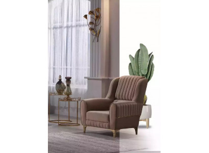 Brauner Textil Sessel Luxus Wohnzimmer Einsitzer Holzgestell Modern 