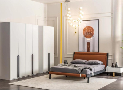 Schlafzimmermöbel Doppelbett Bett Nachttische Orange Schranke Set 5tlg