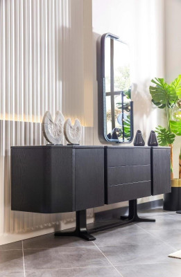Anrichte Gruppe Sideboard mit Spiegel Kommode Schrank Schwarz Set