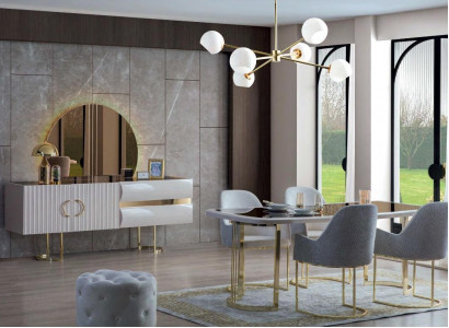 Stilvolle Grau-Weiße Esszimmer Möbel Luxus Esstisch 4x Textilstühle 6tlg