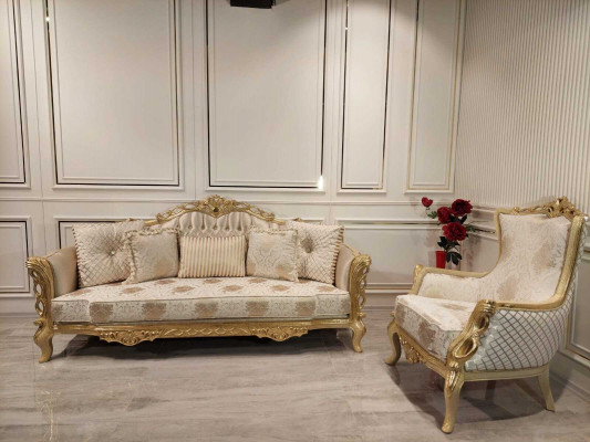 Sofagarnitur Sofa 3+1 Sitzer Sessel Tisch geschnitzten Beinen Couchtisch
